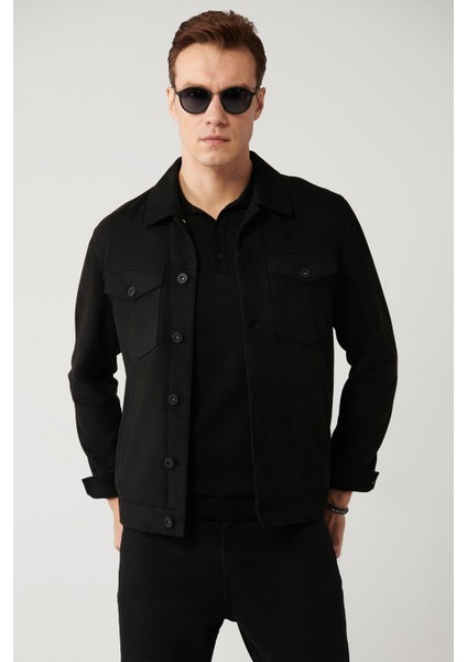 Erkek Siyah Klasik Yaka Süet Dokulu Mevsimlik Comfort Fit Mont A41Y6011