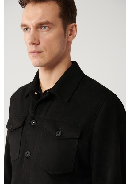 Erkek Siyah Klasik Yaka Süet Dokulu Mevsimlik Comfort Fit Mont A41Y6011