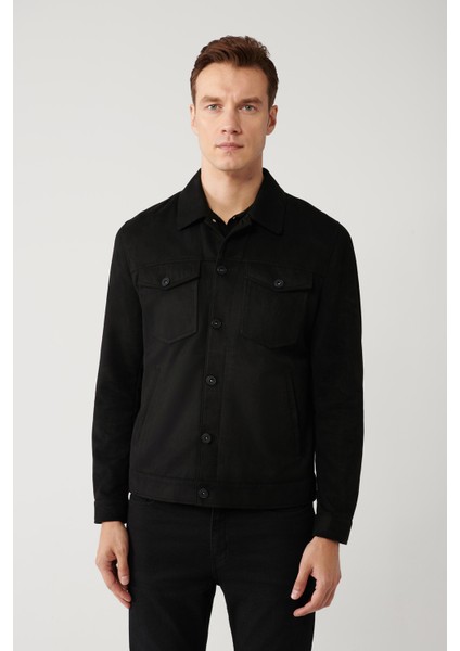 Erkek Siyah Klasik Yaka Süet Dokulu Mevsimlik Comfort Fit Mont A41Y6011