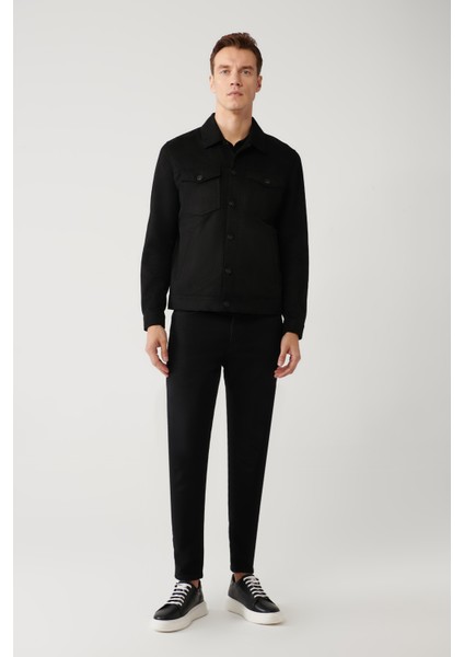 Erkek Siyah Klasik Yaka Süet Dokulu Mevsimlik Comfort Fit Mont A41Y6011