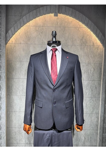 Slim Fit Viscon Çizgili Takım Elbise