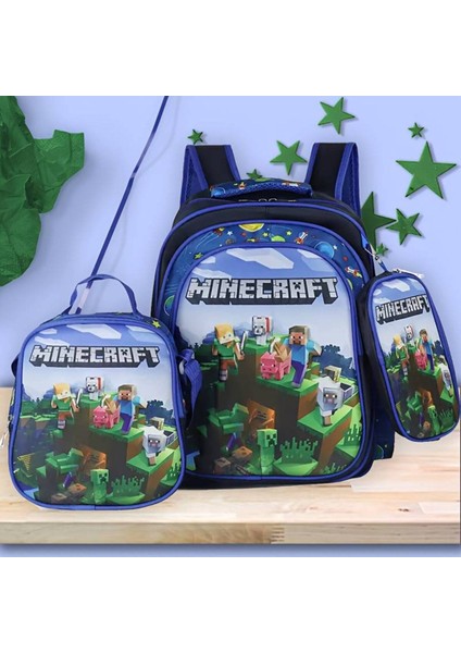 Minecraft Figürlü Kabartmalı 3 Bölmeli Ilköğtretim Çantası Seti (Çanta+Beslenme Çantası+Kalemlik)
