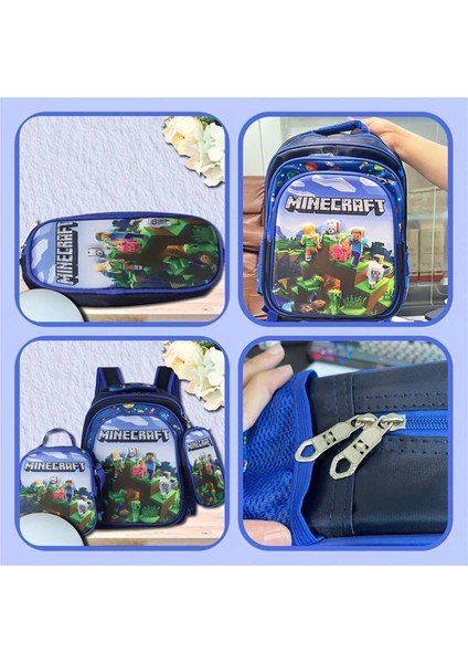 Minecraft Figürlü Kabartmalı 3 Bölmeli Ilköğtretim Çantası Seti (Çanta+Beslenme Çantası+Kalemlik) modelleri