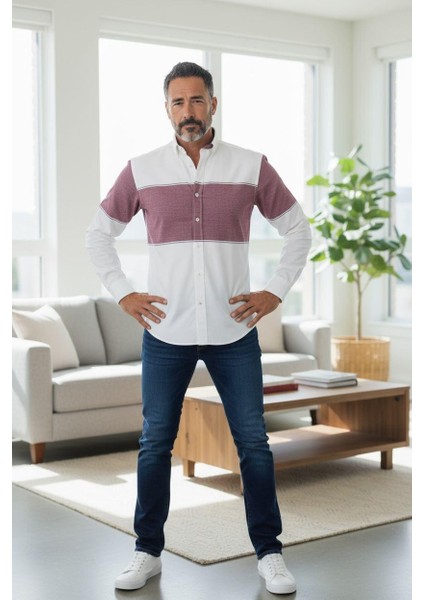 Klasik %100 Cotton Uzun Kollu Terletmeyen Kışlık Flanel Kumaş 2 Renkli Çizgili Gömlek (Regular Kalıp)