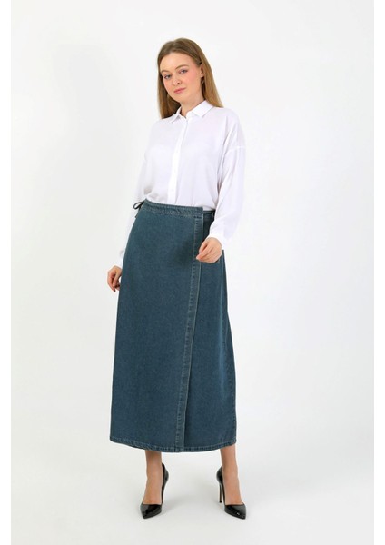 Yandan Bağlamalı Denim Etek- Mavi