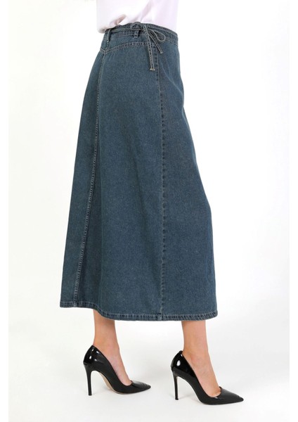 Yandan Bağlamalı Denim Etek- Mavi fırsatları