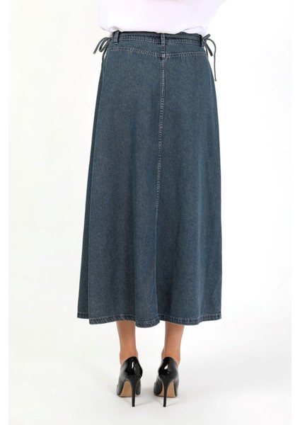 Yandan Bağlamalı Denim Etek- Mavi indirimleri