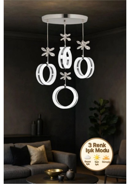 Aurea Model 4’lü Krom 3 Renk Modu Ledli Kristal Taşlı