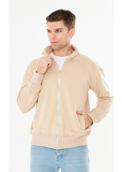 Erkek Tam Fermuarlı Pamuklu Eşofman Üstü Bej 9507-B
