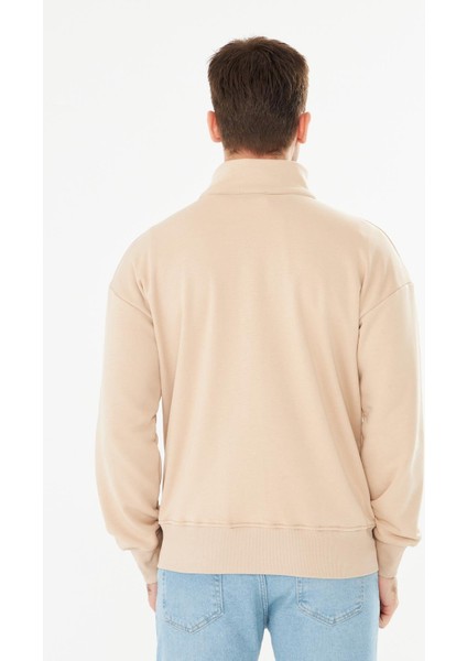 Erkek Tam Fermuarlı Pamuklu Eşofman Üstü Bej 9507-B