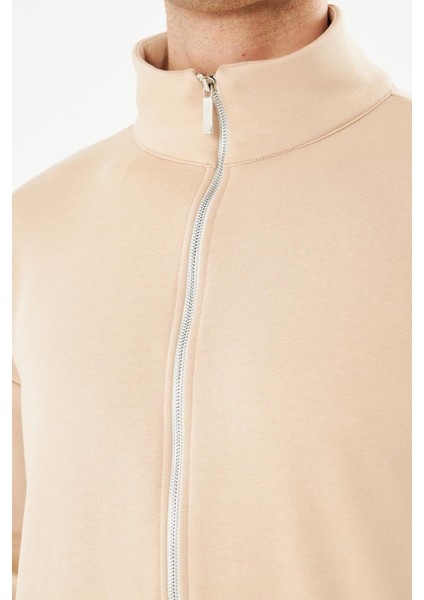 Erkek Tam Fermuarlı Pamuklu Eşofman Üstü Bej 9507-B