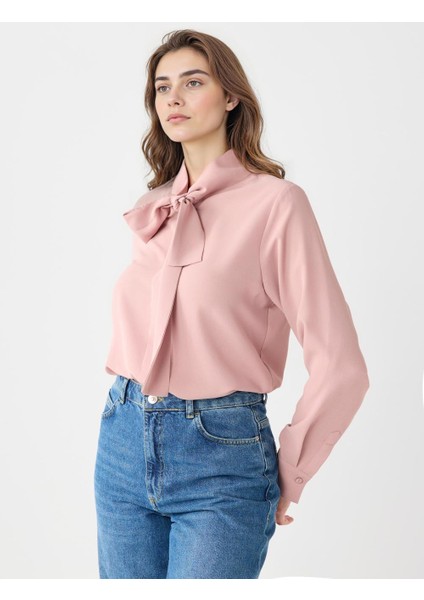 Pembe Düz Kesim Boyundan Bağlı Dokuma Gömlek modelleri