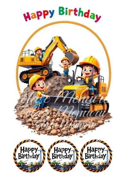 Iş Makinaları Pasta Süsü - Pasta Resmi ve Baskısı Doğum Günü Konsepti Yenilebilir Kağıt 1