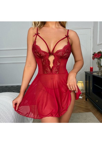 Kadın Kırmızı Sexy Dantel Detaylı Tül Gecelik Şık Zarif Tatlı Fantezi Takım fırsatları