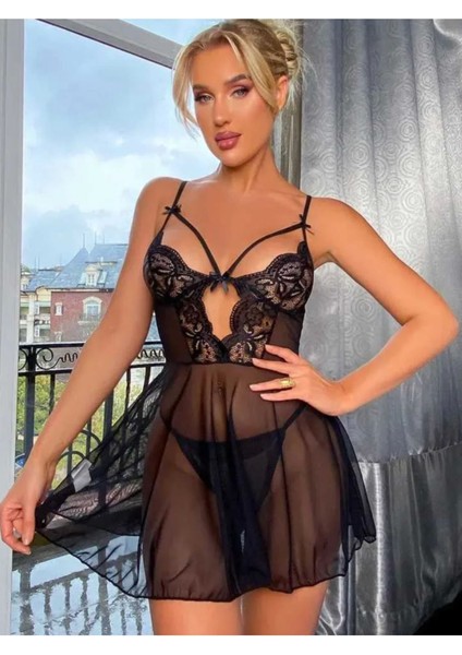 Kadın Siyah Sexy Dantel Detaylı Tül Gecelik Şık Zarif Tatlı Fantezi Takım