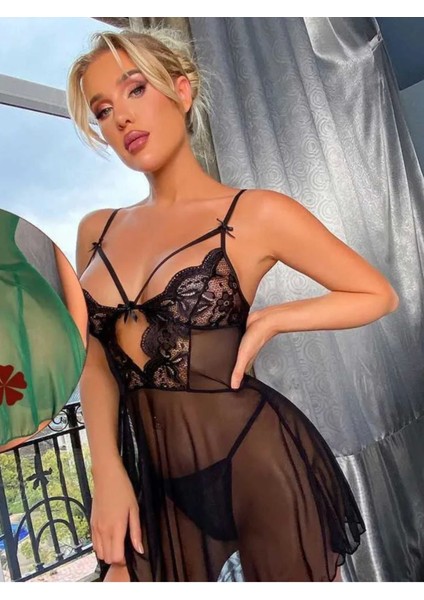 Kadın Siyah Sexy Dantel Detaylı Tül Gecelik Şık Zarif Tatlı Fantezi Takım modelleri
