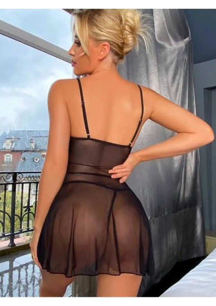 Kadın Siyah Sexy Dantel Detaylı Tül Gecelik Şık Zarif Tatlı Fantezi Takım fırsatları