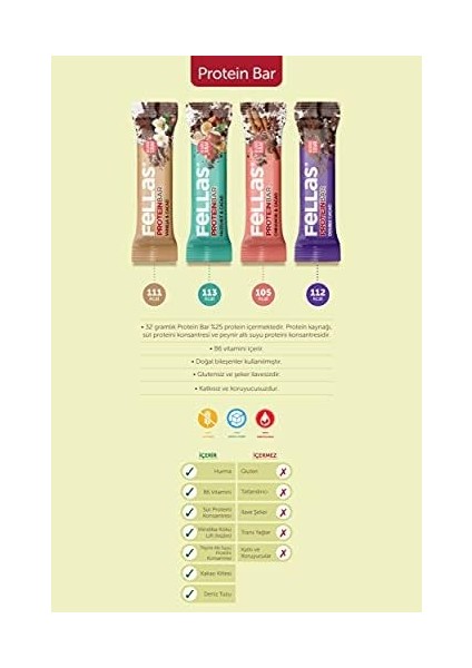 Fellas Protein Bar, Vanilyalı ve Kakaolu, 32GR x 12 Adet modelleri