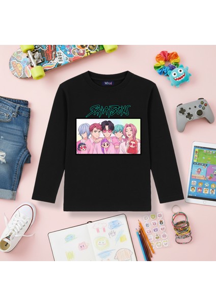 Kpop Demon Hunters Saja Boys Uzun Kollu Baskılı Kız Çocuk Tişört (4-13 Yaş)