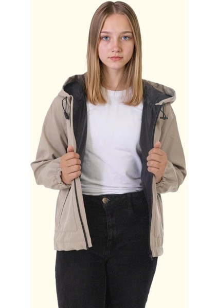 Kız Çocuk Astarlı Su ve Rüzgar Geçirmez Kapüşonlu Çift Fermuarlı Yağmurluk