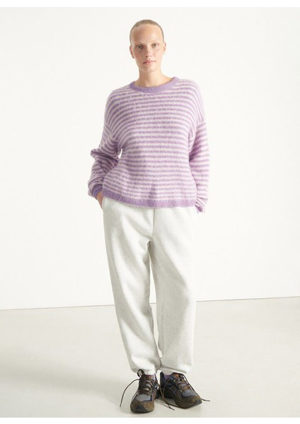Yuvarlak Yaka Standart Çizgili Lila Kazak Kadın NEN18CH25VRBR