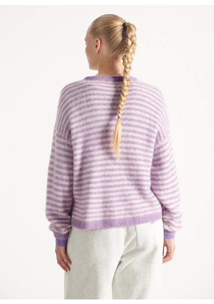 Yuvarlak Yaka Standart Çizgili Lila Kazak Kadın NEN18CH25VRBR fırsatları