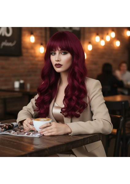 Dalgalı Perçemli Uzun Fiber Sentetik Peruk - Kızıl