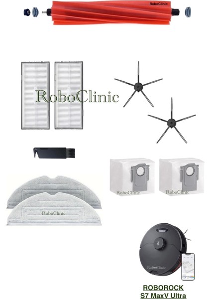 Roborock S7 Maxv Ultra Robot Süpürge Uyumlu Yedek Toz Torbası, Fırça, Hepa Filtre, Mop Paspas - 10 Parça