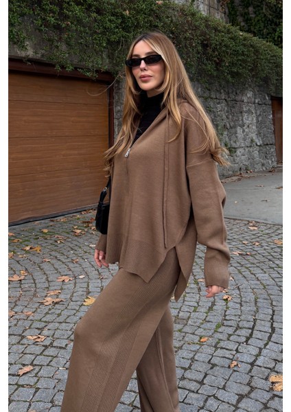 Sütlü Kahverengi Fermuarlı Kapüşonlu Triko Takım - 0511 fiyatları