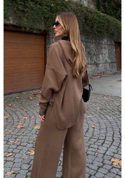 Sütlü Kahverengi Fermuarlı Kapüşonlu Triko Takım - 0511 modelleri