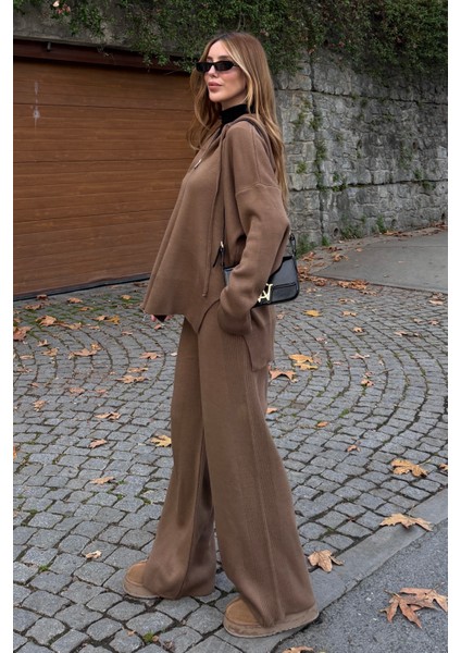 Sütlü Kahverengi Fermuarlı Kapüşonlu Triko Takım - 0511 fırsatları