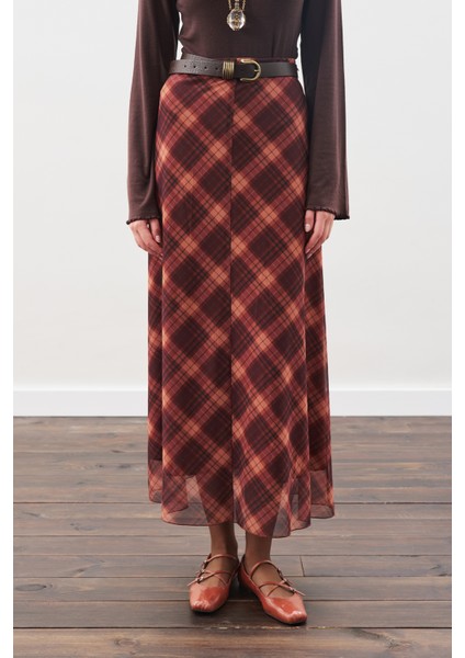 Desenli Tül Etek Kahverengi Ekose