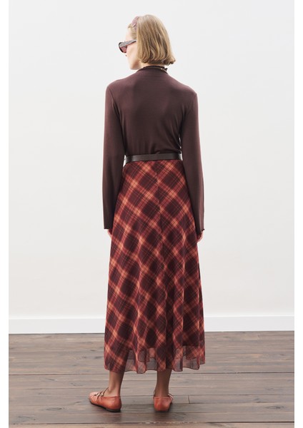 Desenli Tül Etek Kahverengi Ekose