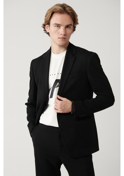 Erkek Siyah Mono Yaka Astarlı Yırtmaçlı Jersey Kumaş Slim Fit Blazer Ceket B004000