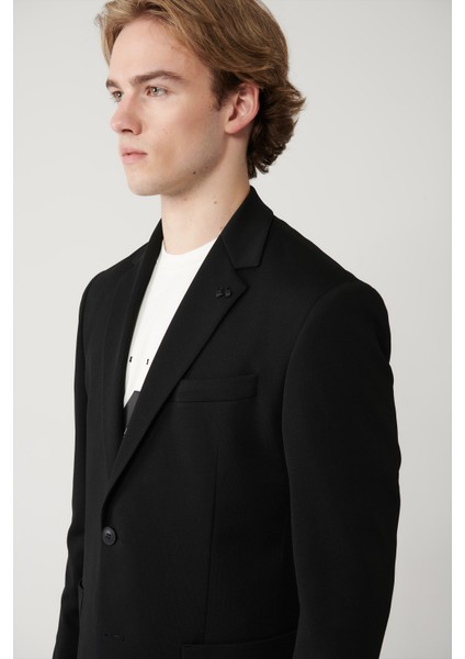 Erkek Siyah Mono Yaka Astarlı Yırtmaçlı Jersey Kumaş Slim Fit Blazer Ceket B004000