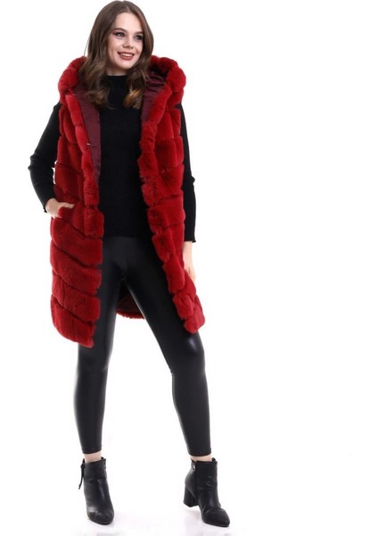 Mdb Kapşonlu Peluş Kürk Yelek Premium Kalite, Tam Astarlı, Uzun Odel Kırmızı fiyatları