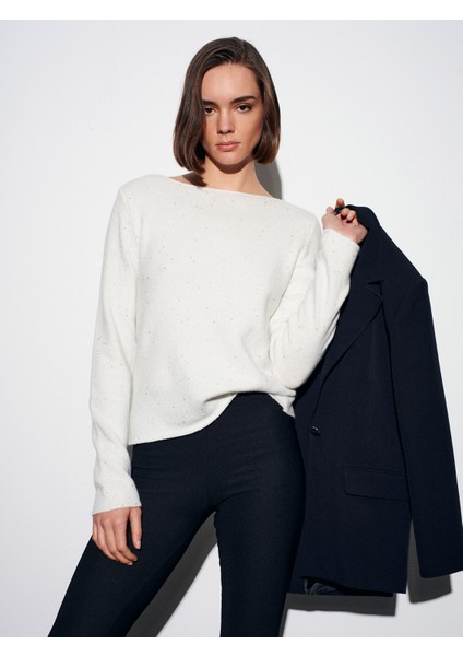 10836 Yün Karışımlı Parıltılı Kayık Yaka Kazak-Ekru