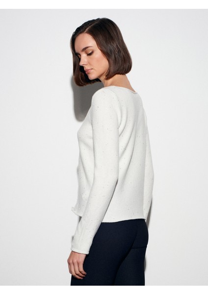 10836 Yün Karışımlı Parıltılı Kayık Yaka Kazak-Ekru fiyatları