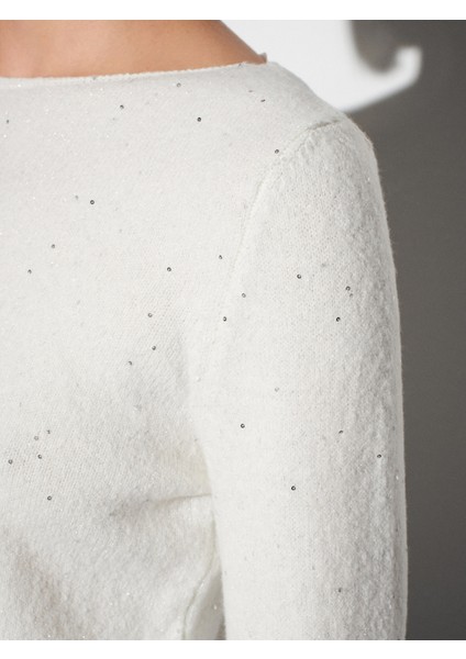 10836 Yün Karışımlı Parıltılı Kayık Yaka Kazak-Ekru fırsatları