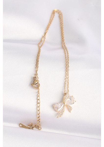 316L Çelik Zincir Altın Renk Zirkon Taşlı Fiyonk Kolye - Lisinya fiyatları