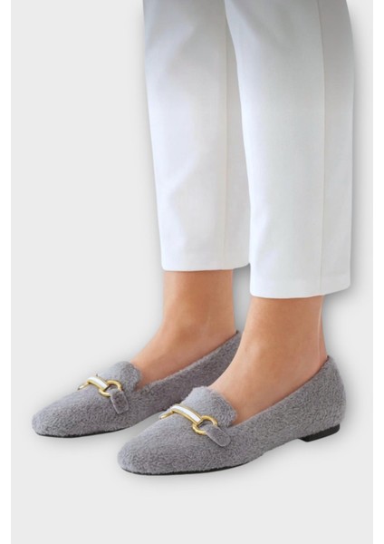 Yumuşak Peluş Ses Yapmaz Hafif Taban Kadın Ev Babeti Panduf Gri