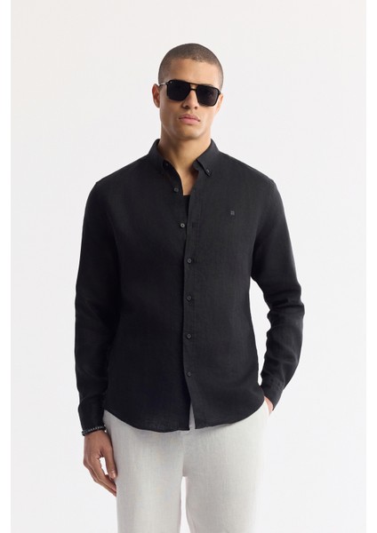 Erkek Siyah Düğmeli Yaka %100 Keten Comfort Fit Gömlek B002191