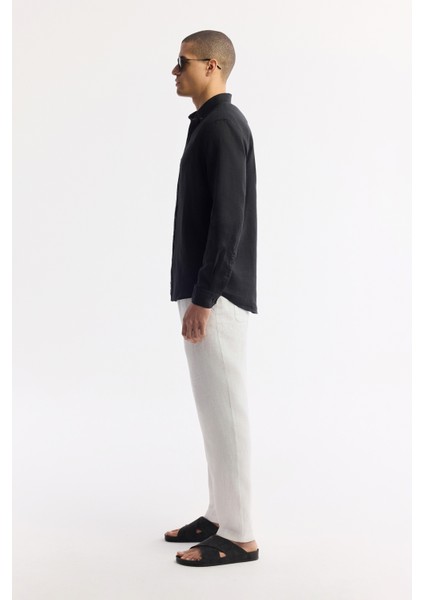 Erkek Siyah Düğmeli Yaka %100 Keten Comfort Fit Gömlek B002191