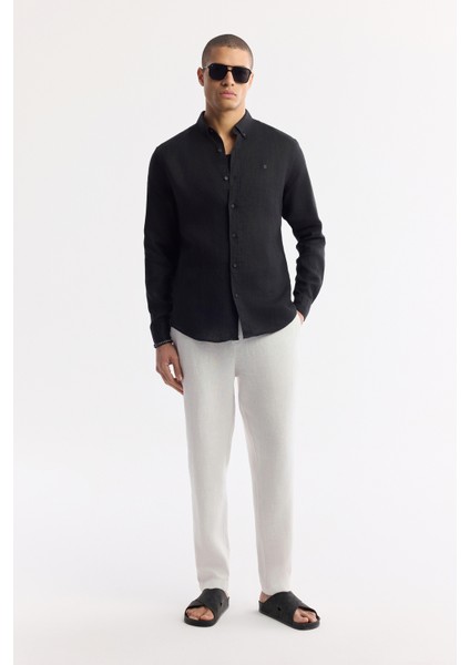 Erkek Siyah Düğmeli Yaka %100 Keten Comfort Fit Gömlek B002191