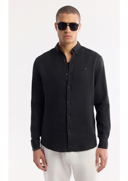Erkek Siyah Düğmeli Yaka %100 Keten Comfort Fit Gömlek B002191