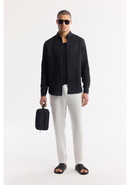 Erkek Siyah Düğmeli Yaka %100 Keten Comfort Fit Gömlek B002191