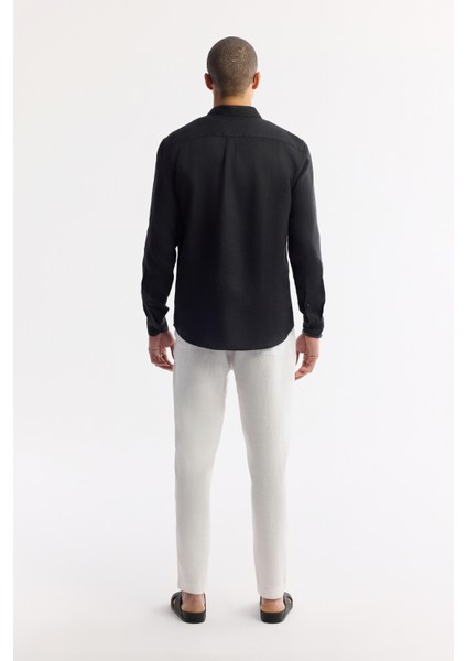 Erkek Siyah Düğmeli Yaka %100 Keten Comfort Fit Gömlek B002191