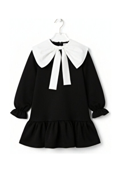 Kız Çocuk Rashel Siyah Elbise Beyaz Yakalı Fırfırlı Uzun Kol 23 Nisan 29 Ekim Gösteri Elbisesi indirimleri