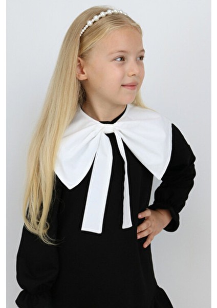 Kız Çocuk Rashel Siyah Elbise Beyaz Yakalı Fırfırlı Uzun Kol 23 Nisan 29 Ekim Gösteri Elbisesi