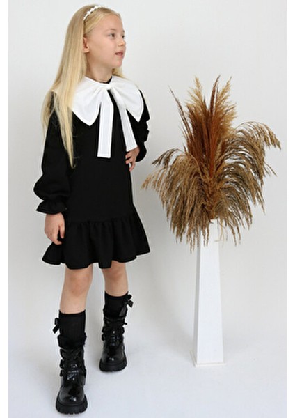 Kız Çocuk Rashel Siyah Elbise Beyaz Yakalı Fırfırlı Uzun Kol 23 Nisan 29 Ekim Gösteri Elbisesi